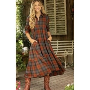 Natural Life Rebecca Rustic Plaid Tiered Maxi Dress-Size Medium-Collar-Pockets!